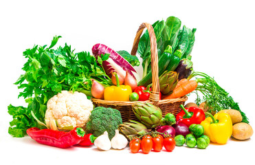 mix of season vegetables in wicker basket