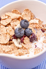granola and fresh blueberries, in glass bowl over wood backgroun