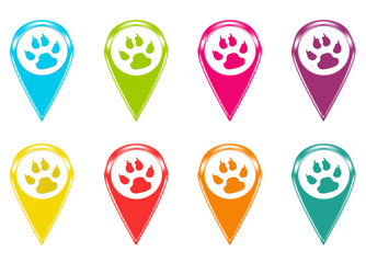 Set of icons or colored markers with animal footprints symbol