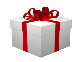 Textured white gift box with red bow