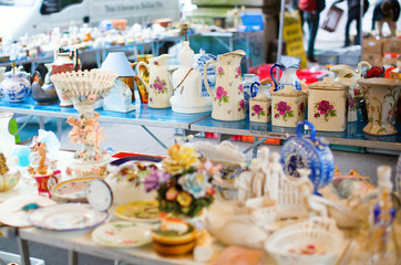 Vintage dishes on a Parisian flea market