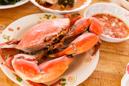 Boiled crab prepared on plate on wooden background-2