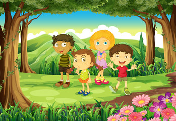 Obraz na płótnie Canvas Four kids at the forest