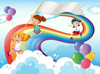 Kids playing above the rainbow with an empty banner