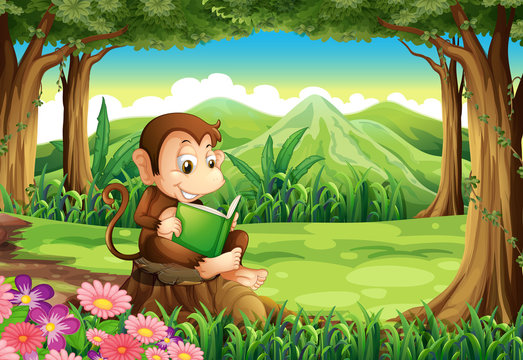 A happy monkey sitting above the stump while reading