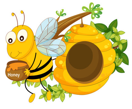 A bee holding a pot of honey near the beehive