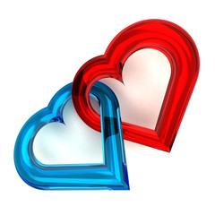 red and blue glassy heart together isolated on white