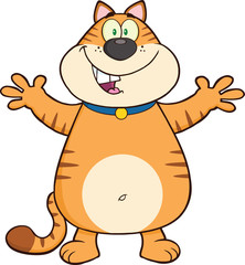 Happy Cat Cartoon Mascot Character With Open Arms For Hugging