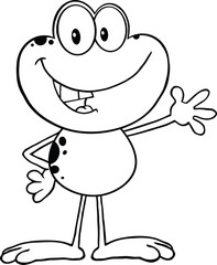 Black And White Cute Frog Cartoon Character Waving For Greeting