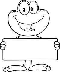 Black And White Cute Frog Cartoon Character Holding A Banner