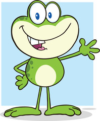 Cute Green Frog Cartoon Mascot Character Waving For Greeting