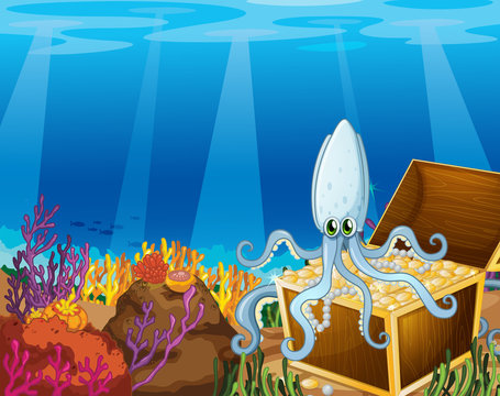 A treasure box under the sea with an octopus