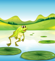 Obraz premium A pond with a frog jumping