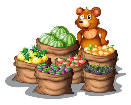 A bear with the newly harvested fruits