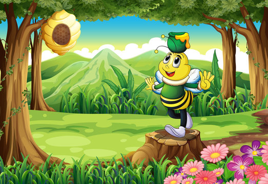 A bee with a pot above its head standing on a stump