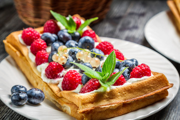 Closeup of waffles with fresh berry fruit