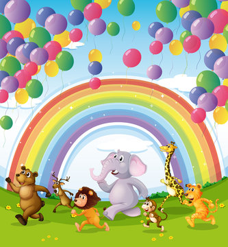 Animals racing below the floating balloons and rainbow