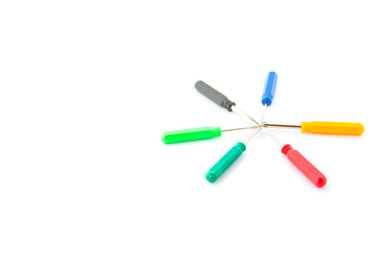 A set of small screwdrivers over white background