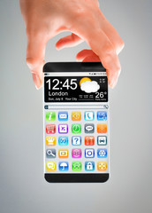 Smartphone with transparent screen in human hands.