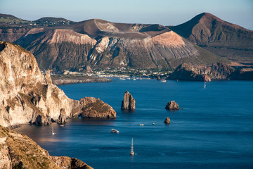 beautiful view on Vulcano island from Lipari island, Italy - obrazy, fototapety, plakaty