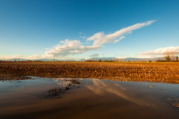 Reflection of sunny afternoon in the puddle