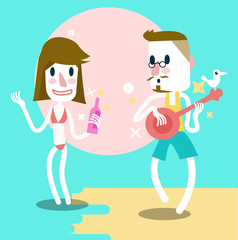 Man playing guitar on the beach with beautiful girl .