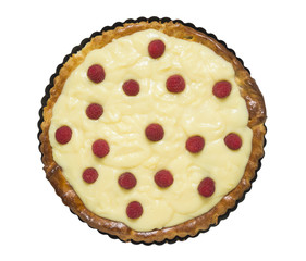 Tart ,raspberries, base  in baking dish, isolated
