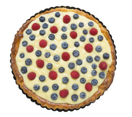 tart,raspberries, blueberries,custard,base,baking dish, isolated