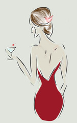Fashion Design Sketch of a Woman with a Dress and Cocktail Glass