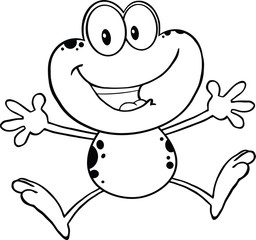 Black And White Cute Frog Cartoon Mascot Character Jumping
