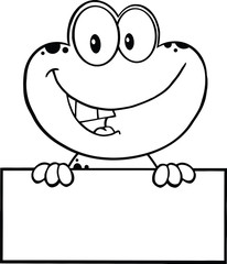 Black And White Cute Frog Cartoon Character Over Blank Sign
