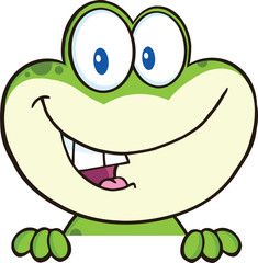 Cute Green Frog Cartoon Mascot Character Over Blank Sign