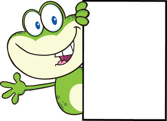 Cute Frog Character Looking Around A Blank Sign And Waving