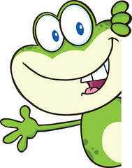 Cute Green Frog Character Looking Around A Blank Sign And Waving