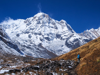 Trekker walking to Annapurna Sanctuary, Himalayas, Nepal