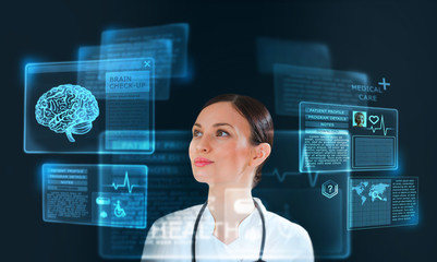 Female medicine doctor working with modern computer interface as