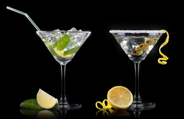 Cocktail martini and mojito on a black