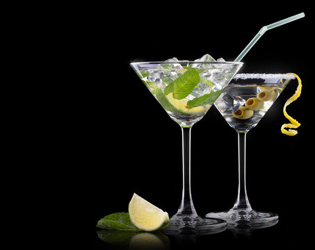 Cocktail martini and mojito on a black