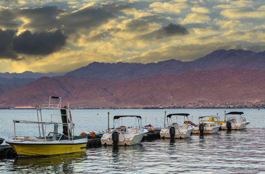 Water sport motorboats at central beach of Eilat, Israel