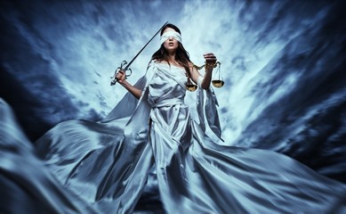 Femida, Goddess of Justice, with scales and sword - obrazy, fototapety, plakaty