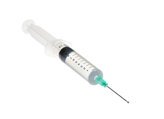 Plastic syringe with solution isolated on a white background