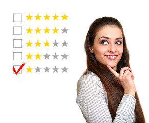 Beautiful woman choose one stars rating in feedback. Bad result