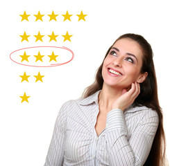 Woman looking up and choosing average rating. Neutral feedback