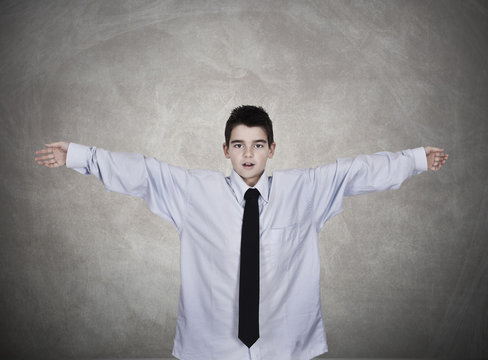 young man in business clothes with open arms