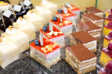 Cake displayed in confectionery or café
