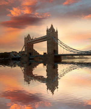 	Tower Bridge against sunset in London, UK