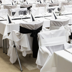 Fototapeta na wymiar luxury wedding lunch table setting, black and white decoration