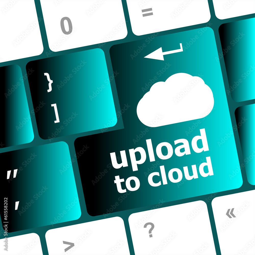 Poster upload to cloud, computer keyboard for cloud computing