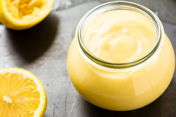 Homemade lemon curd in glass jar