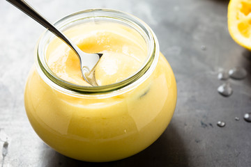 Homemade lemon curd in glass jar